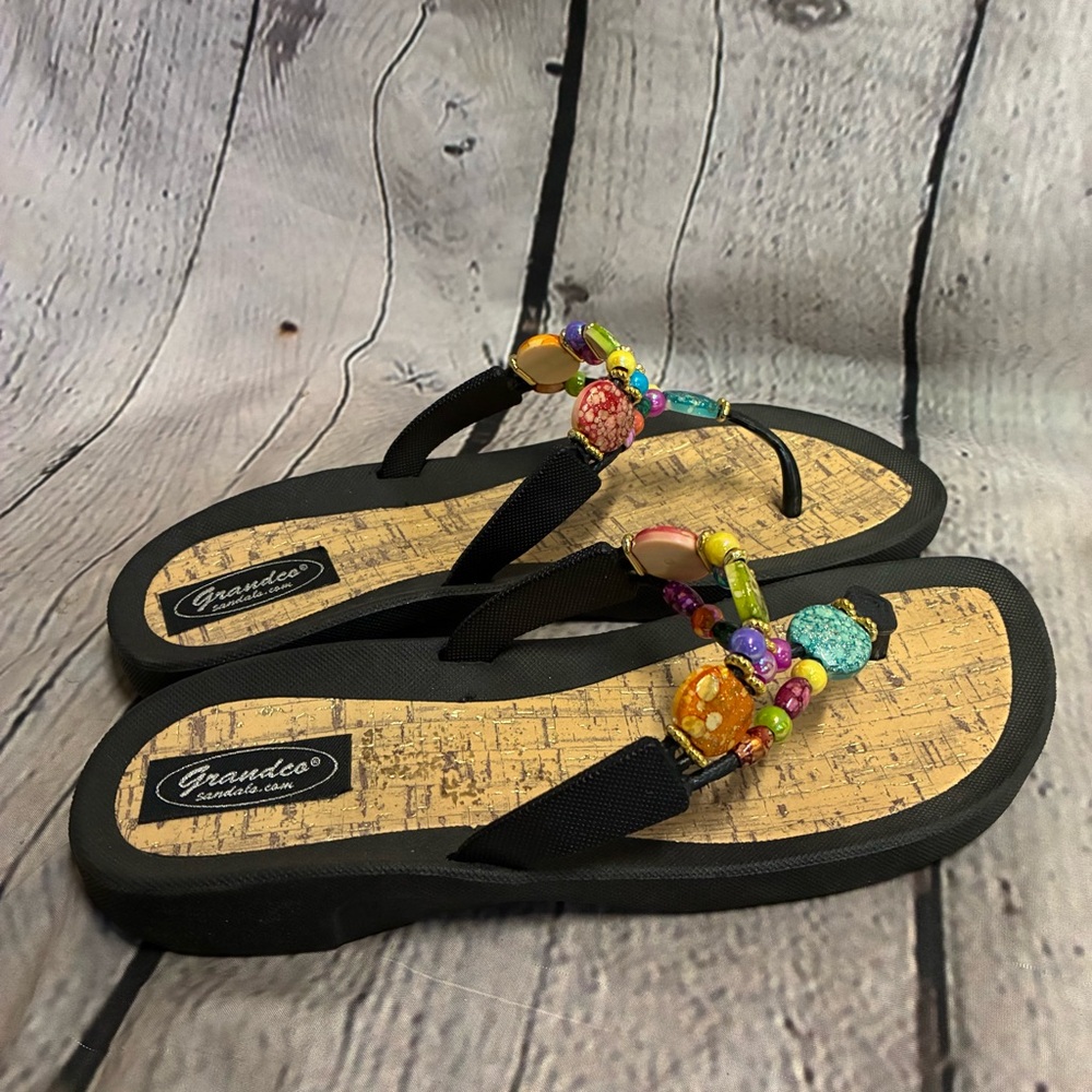 GRANDCO SANDALS MARBLE CORK THONG Beach Pool Shoes Multi Color Women’s Sz 10 EUC